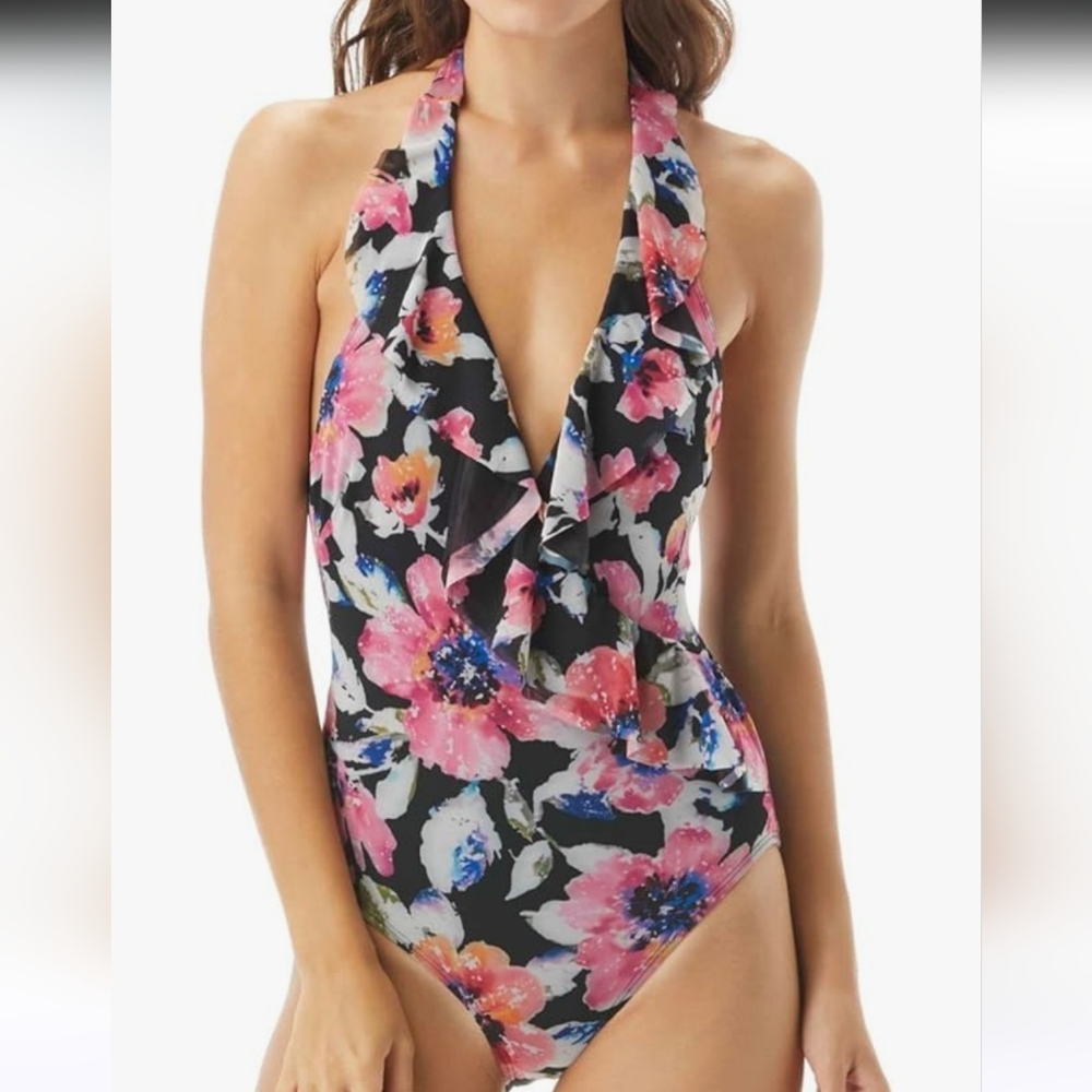 Carmen Marc Valvo Swimwear Season:Cruise Blooms Mesh Halter 1 Piece